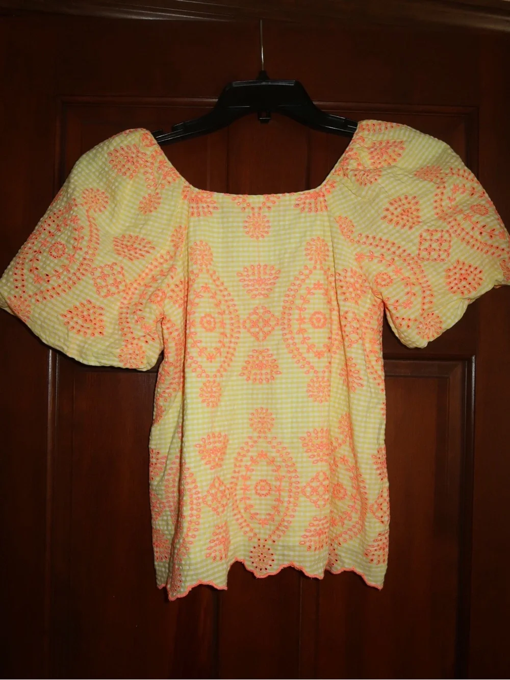 Lilly Pulitzer Yellow Eyelet Puff-Sleeve Blouse with Coral Embroidery